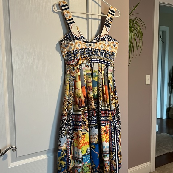 NWT ASOS Linen Bow Detail Cut Out Skater Dress in Postcard Print size 2 - Picture 9 of 13